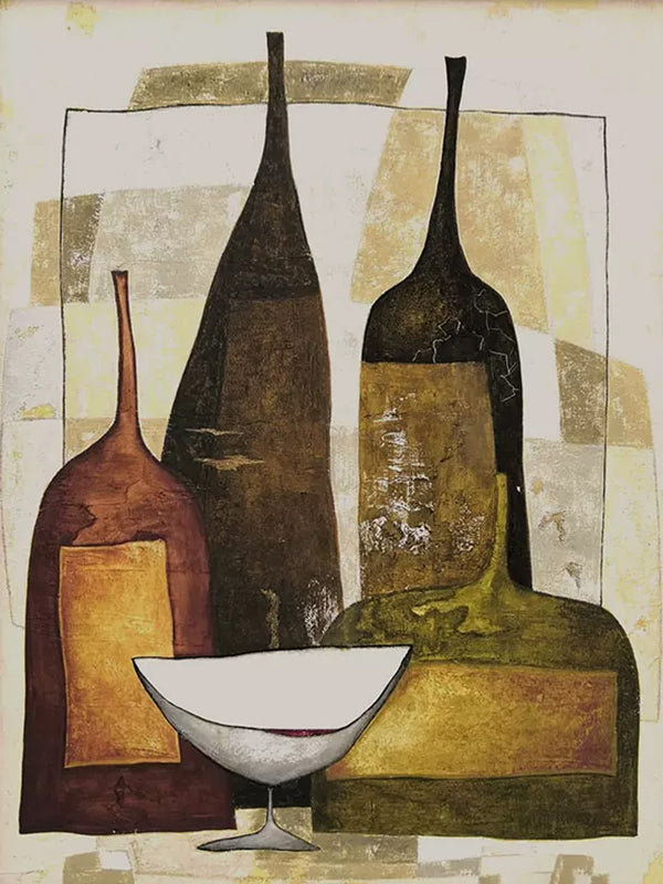 Tall brown and olive bottles with a white bowl on cream blocks