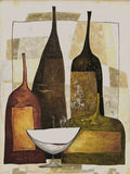 Tall brown and olive bottles with a white bowl on cream blocks