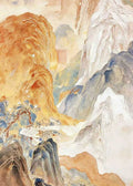 Ochre and blue mountains dissolving into white mist