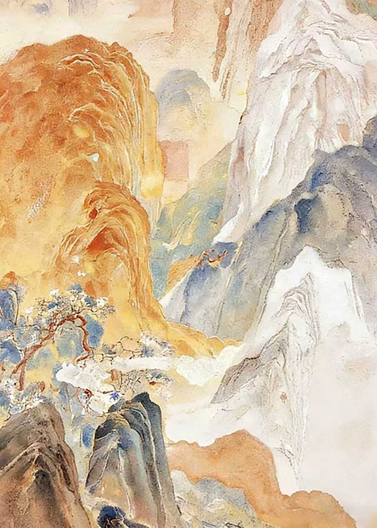 Ochre and blue mountains dissolving into white mist