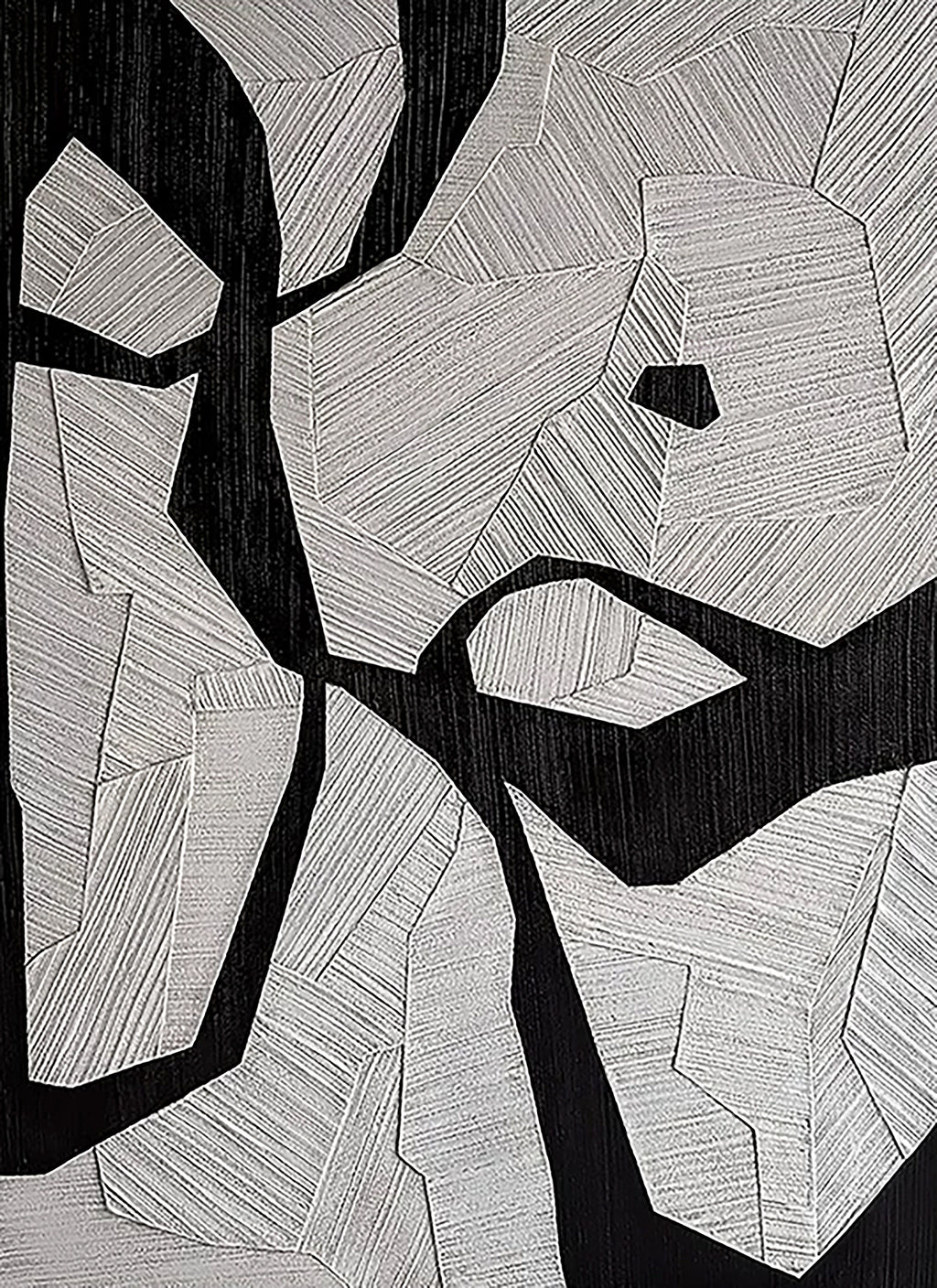 Interlocking white shapes etched with fine parallel lines over a deep black ground