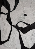 Interlocking white shapes etched with fine parallel lines over a deep black ground