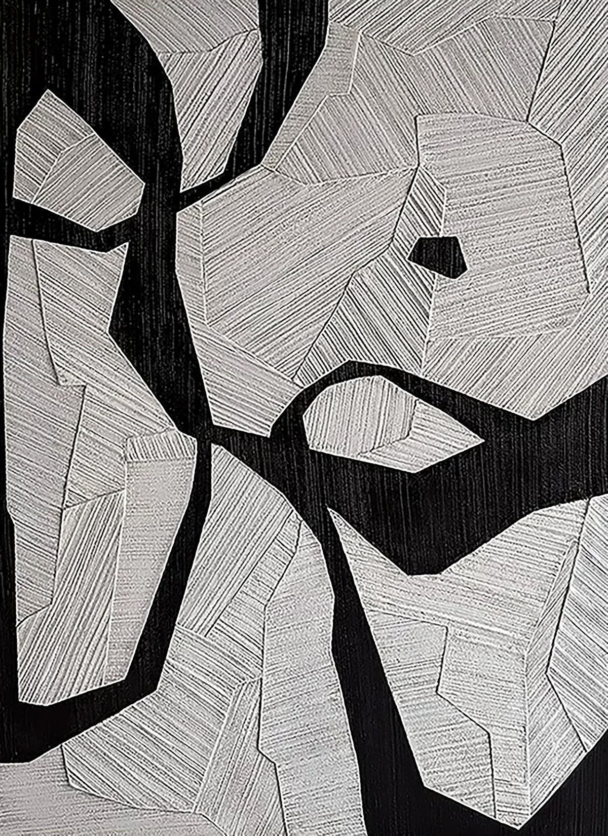 Interlocking white shapes etched with fine parallel lines over a deep black ground