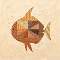 A geometric fish in patchwork tans and oranges on cream relief
