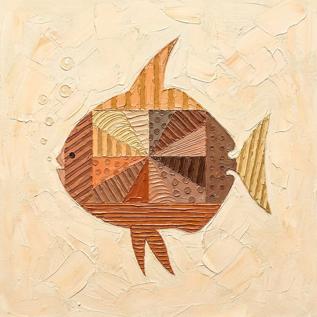 A geometric fish in patchwork tans and oranges on cream relief