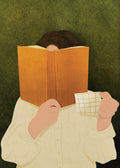 A person hiding behind an open orange book, holding a checked teacup, on a deep green ground