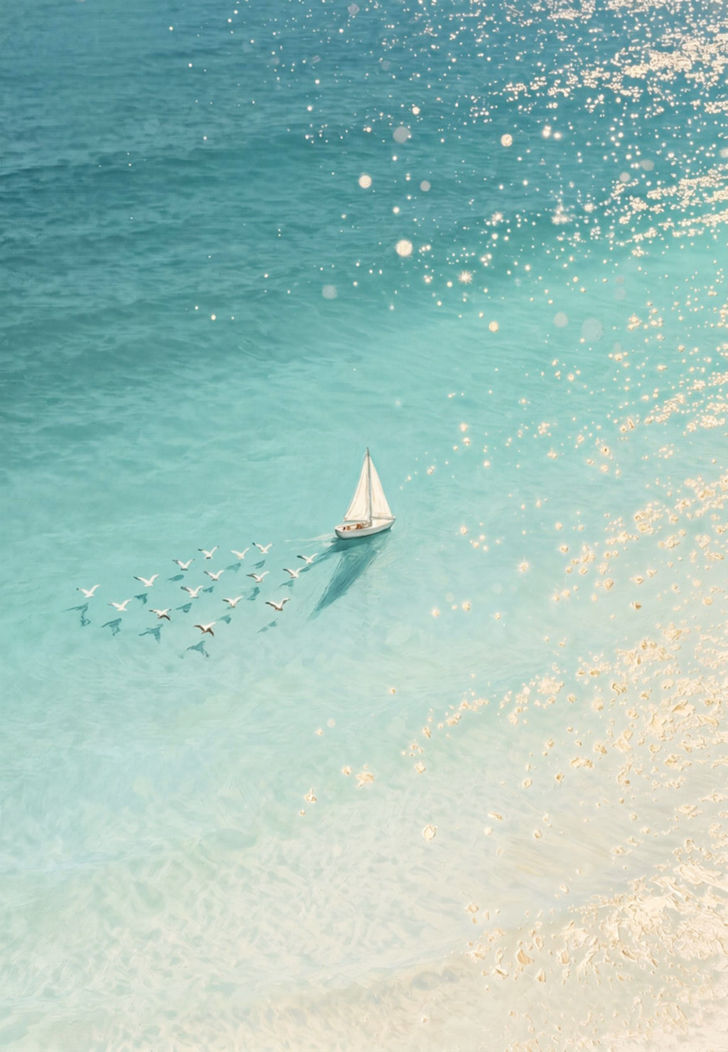 A lone white sail over glittering turquoise shallows with a line of gulls trailing behind