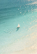 A lone white sail over glittering turquoise shallows with a line of gulls trailing behind