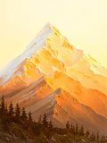 A towering mountain glowing gold and peach in the dawn, dark pines along its foot