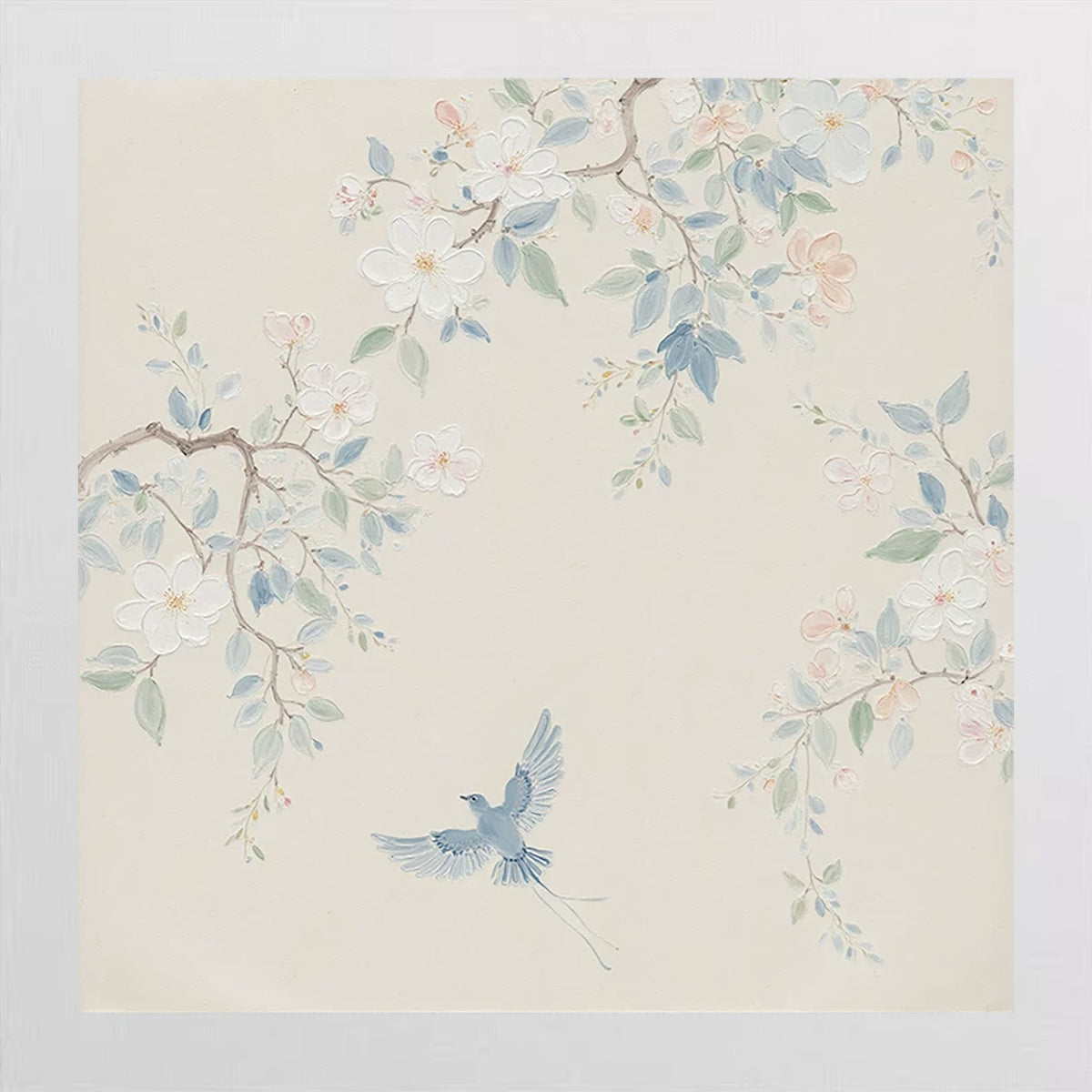 A pale blue bird flying beneath soft blossom branches on cream