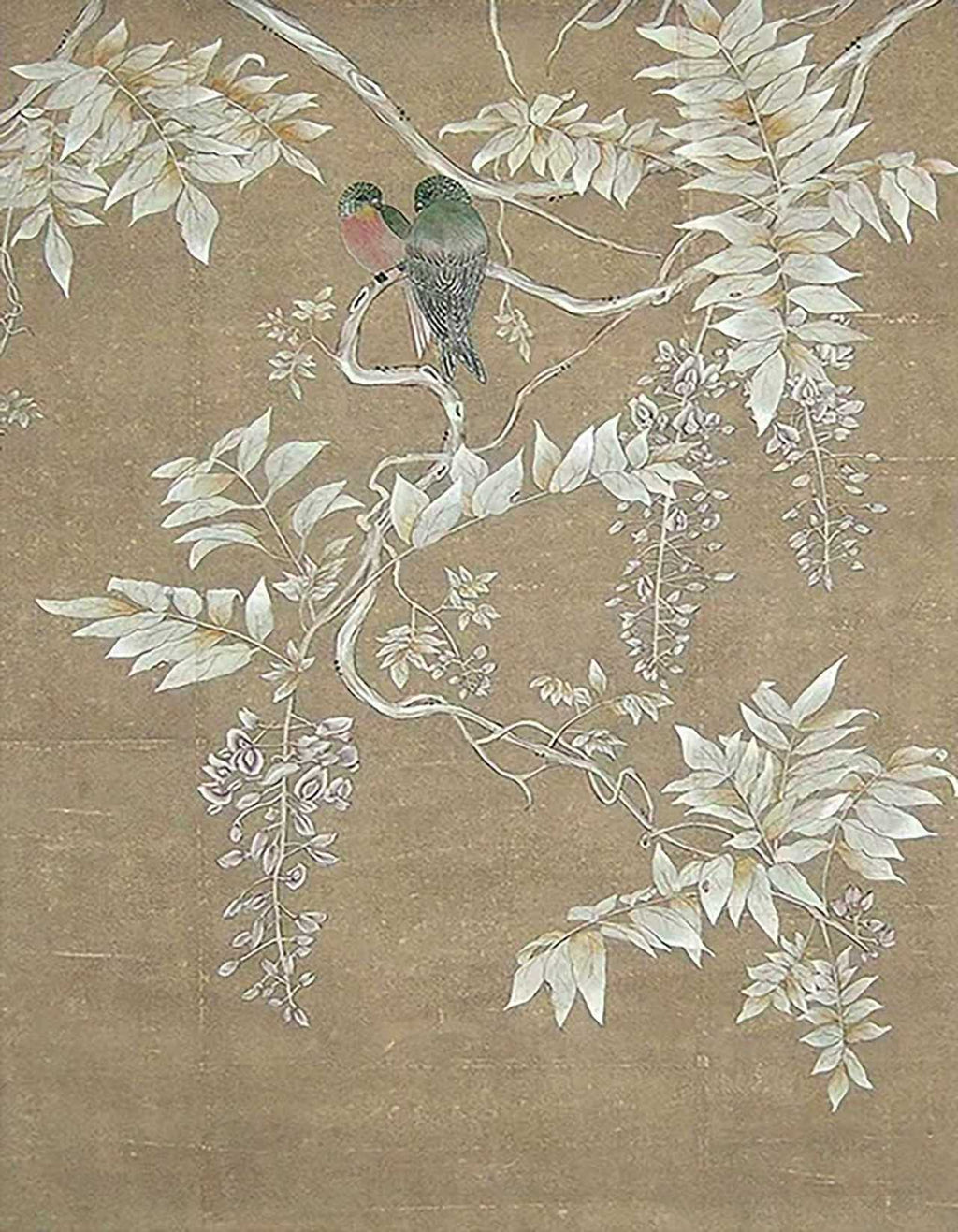 A green pigeon on a curving branch among silvery wisteria and leaves on an antique gold ground