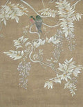 A green pigeon on a curving branch among silvery wisteria and leaves on an antique gold ground