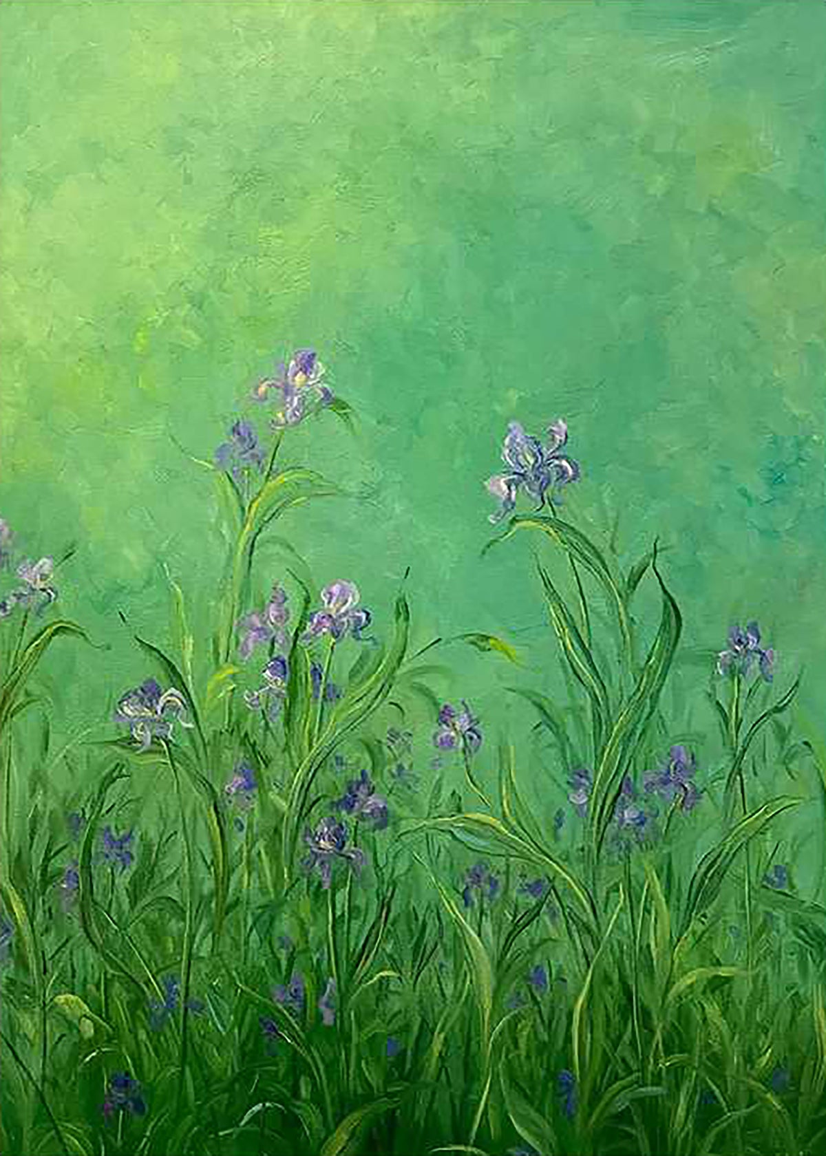 Small violet irises in tall grass against a soft green glow