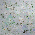 A dense field of white blossoms and green leaves on a silvery lilac ground, in thick knife strokes