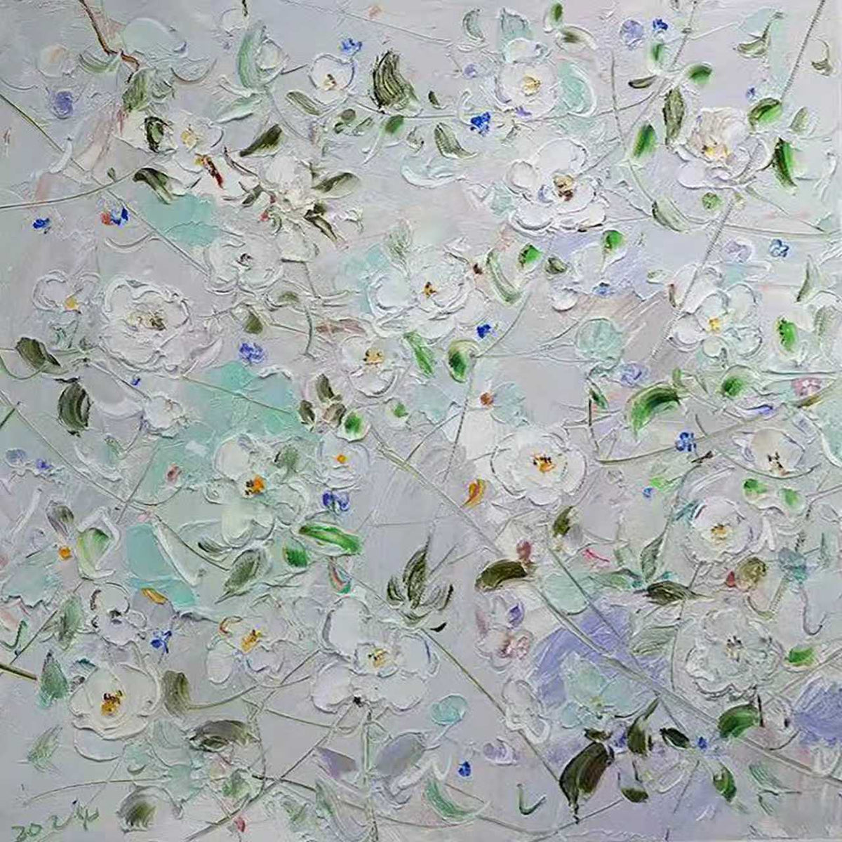 A dense field of white blossoms and green leaves on a silvery lilac ground, in thick knife strokes