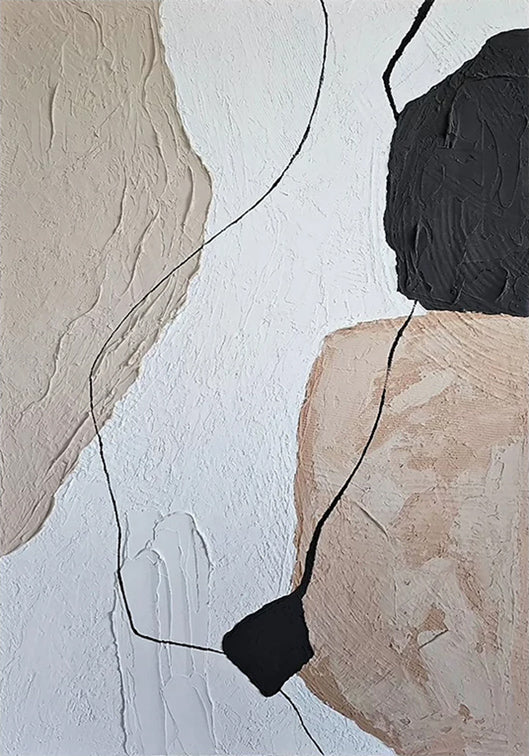 Textured beige, black and blush shapes on white, joined by a wandering black line