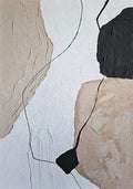 Textured beige, black and blush shapes on white, joined by a wandering black line