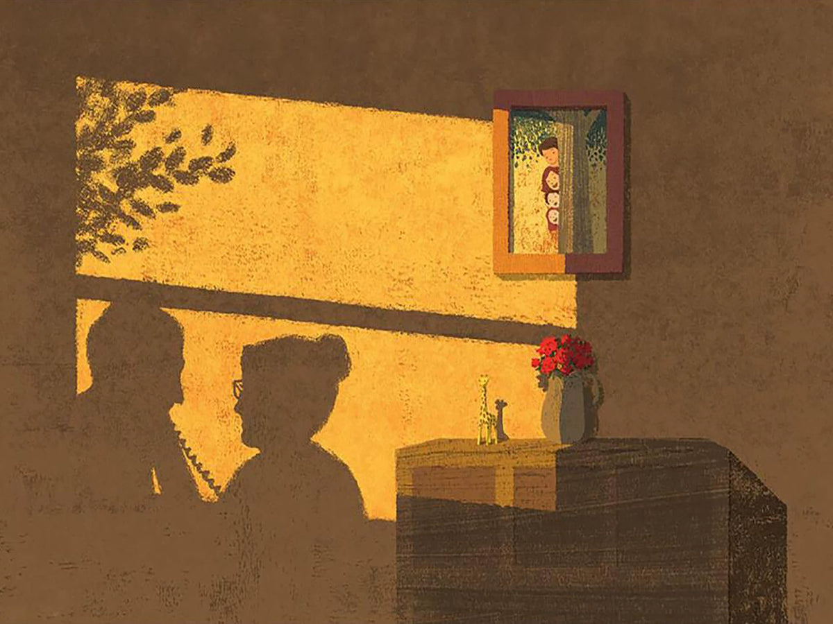The shadows of an old couple on the telephone across a sunlit wall, a framed picture and red roses nearby