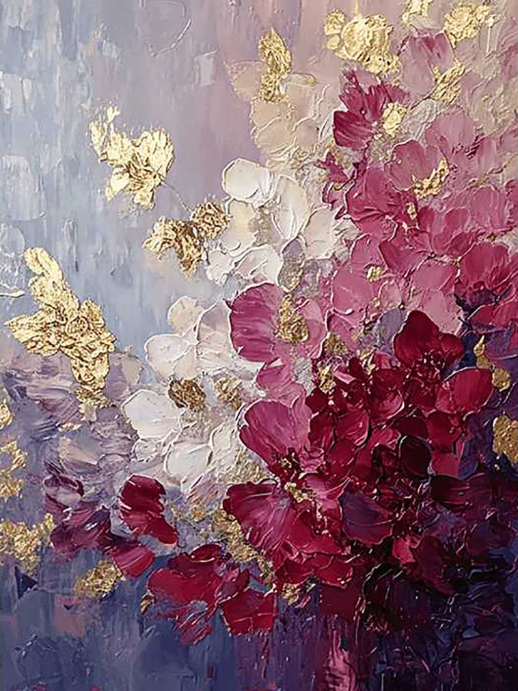 Crimson, rose and white petals in thick palette-knife strokes with flakes of gold on lilac grey