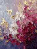 Crimson, rose and white petals in thick palette-knife strokes with flakes of gold on lilac grey