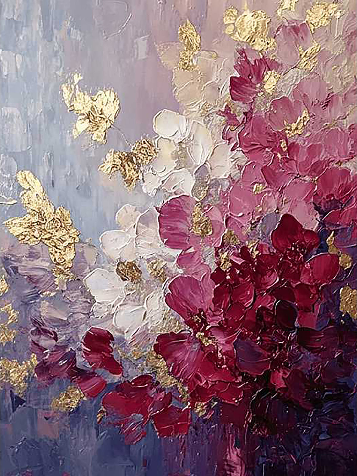 Crimson, rose and white petals in thick palette-knife strokes with flakes of gold on lilac grey