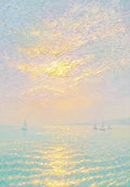 Small sailboats on a glimmering sea beneath a hazy gold and lilac sky