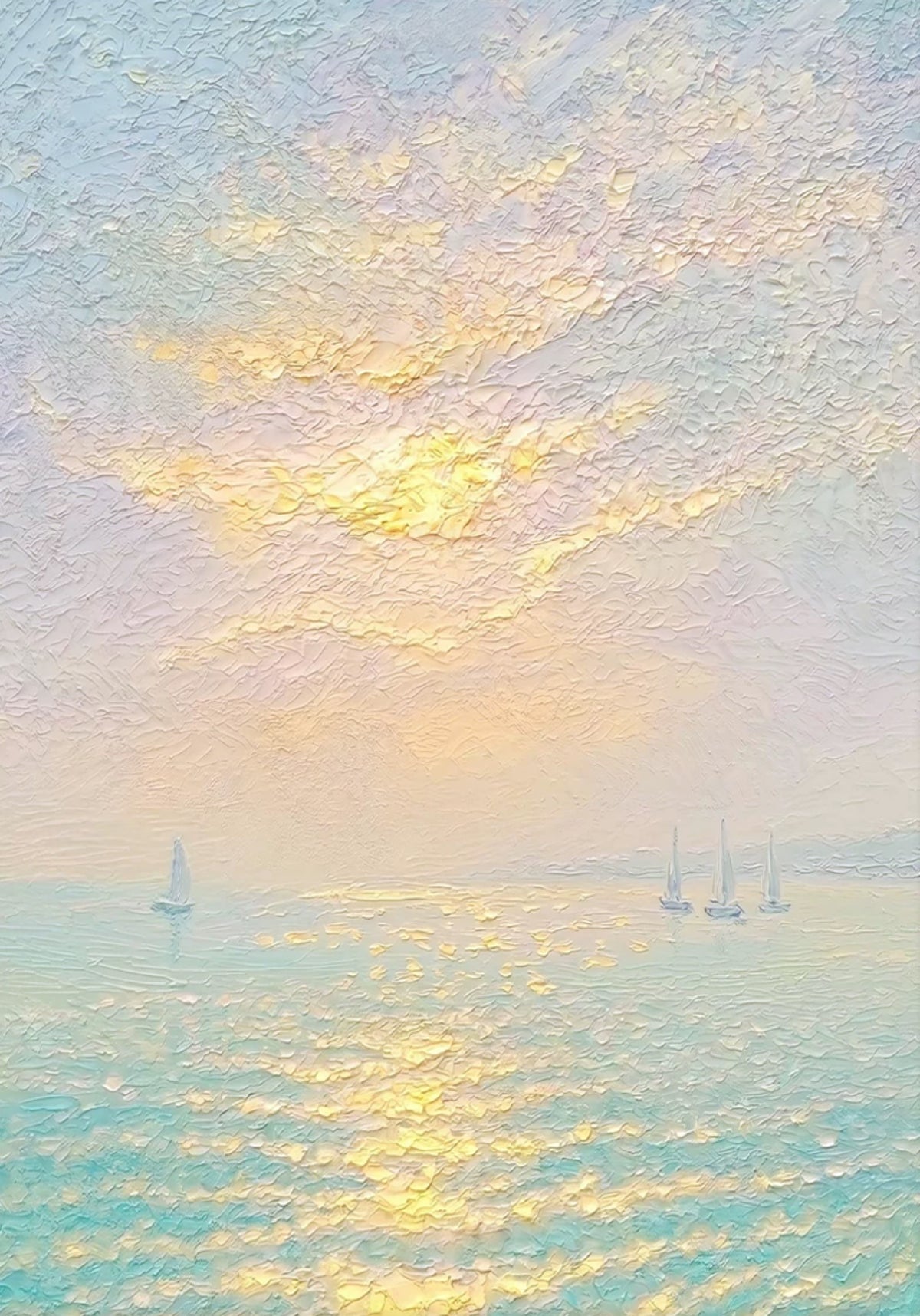 Small sailboats on a glimmering sea beneath a hazy gold and lilac sky