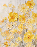 Yellow and cream flowers sculpted in relief, drifting across a pale washed ground