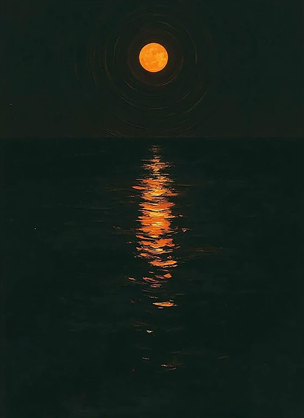 A small red moon and its reflection on dark night water