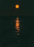 A small red moon and its reflection on dark night water