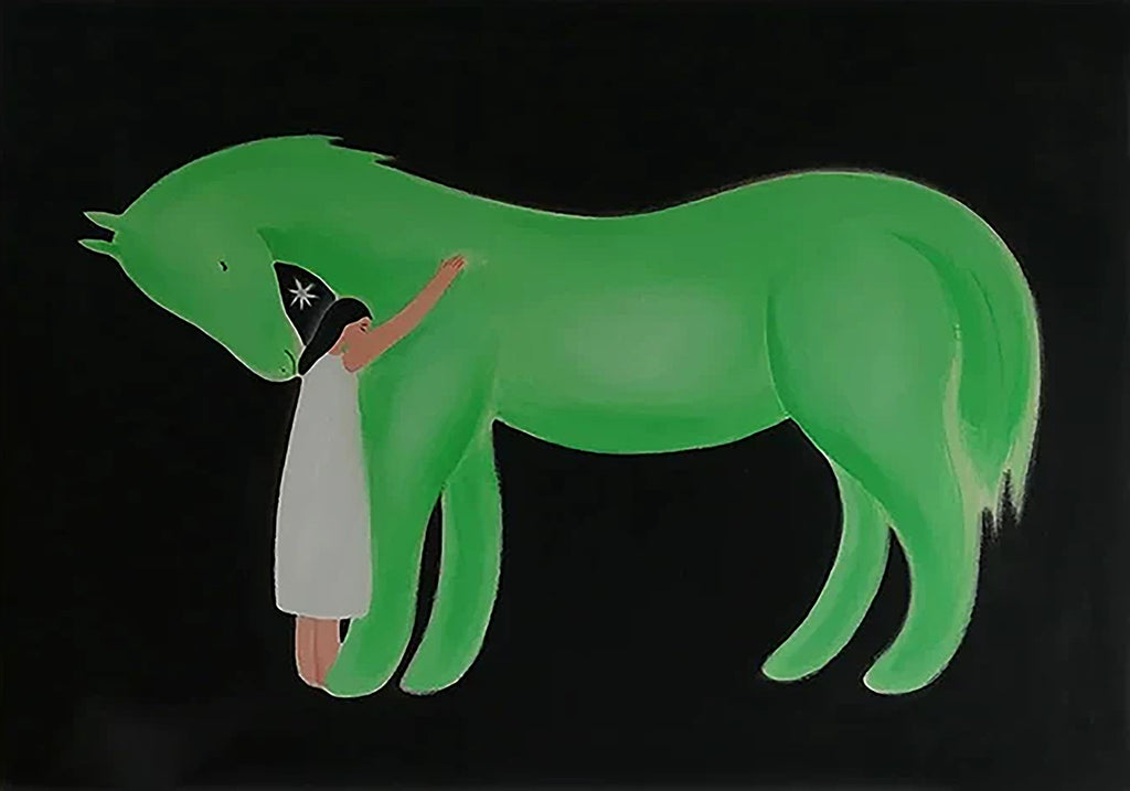 A girl in a white dress hugging the neck of a huge glowing green horse on a black ground