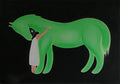 A girl in a white dress hugging the neck of a huge glowing green horse on a black ground