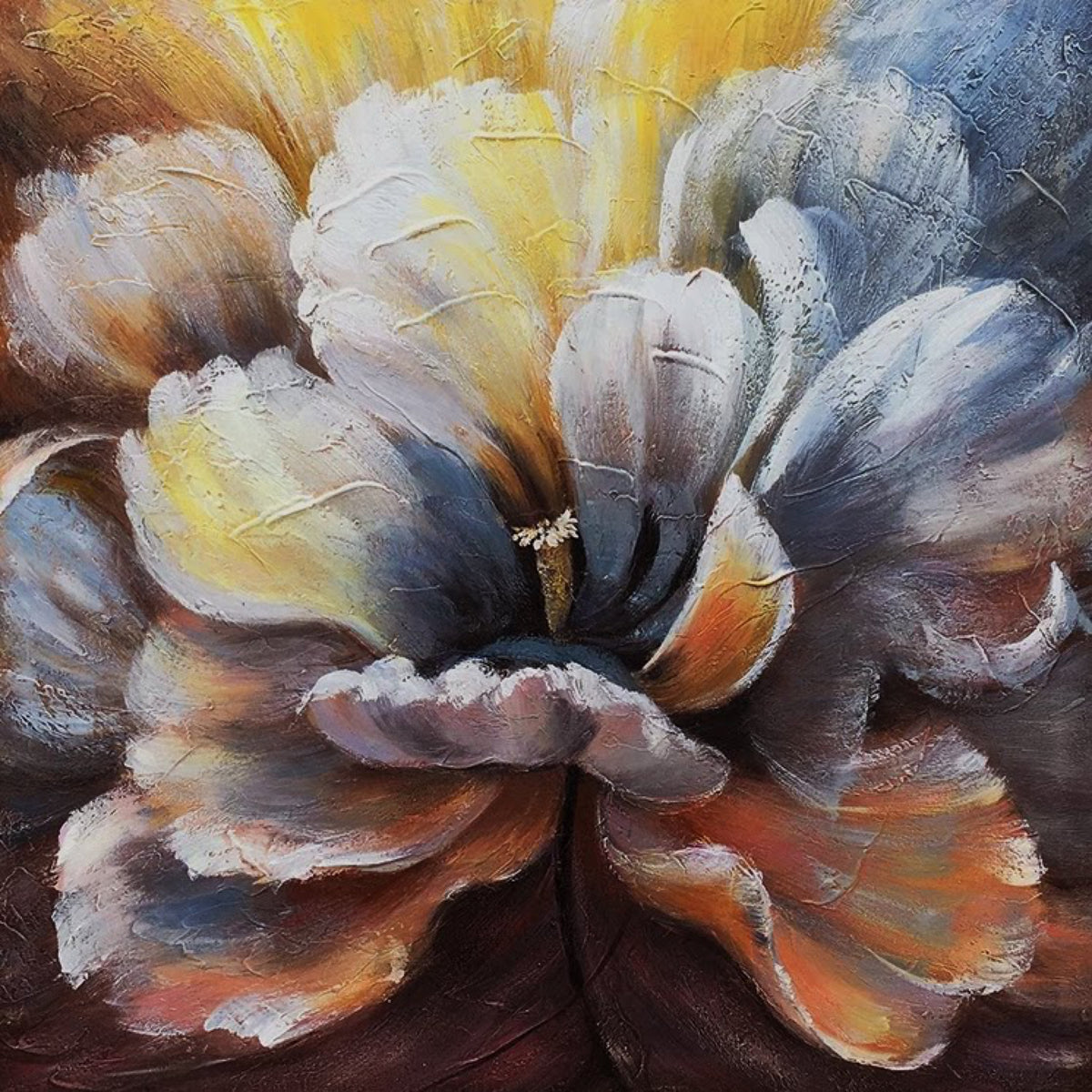 A huge peony in grey, gold and peach petals opening from a dark center, in thick textured paint