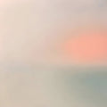 A soft coral sun glowing through a pale haze of grey and mint