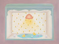 Tiny yellow ducks in a pastel room with a pond and a hanging lamp