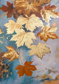 Gilded maple leaves falling against a smoky blue sky