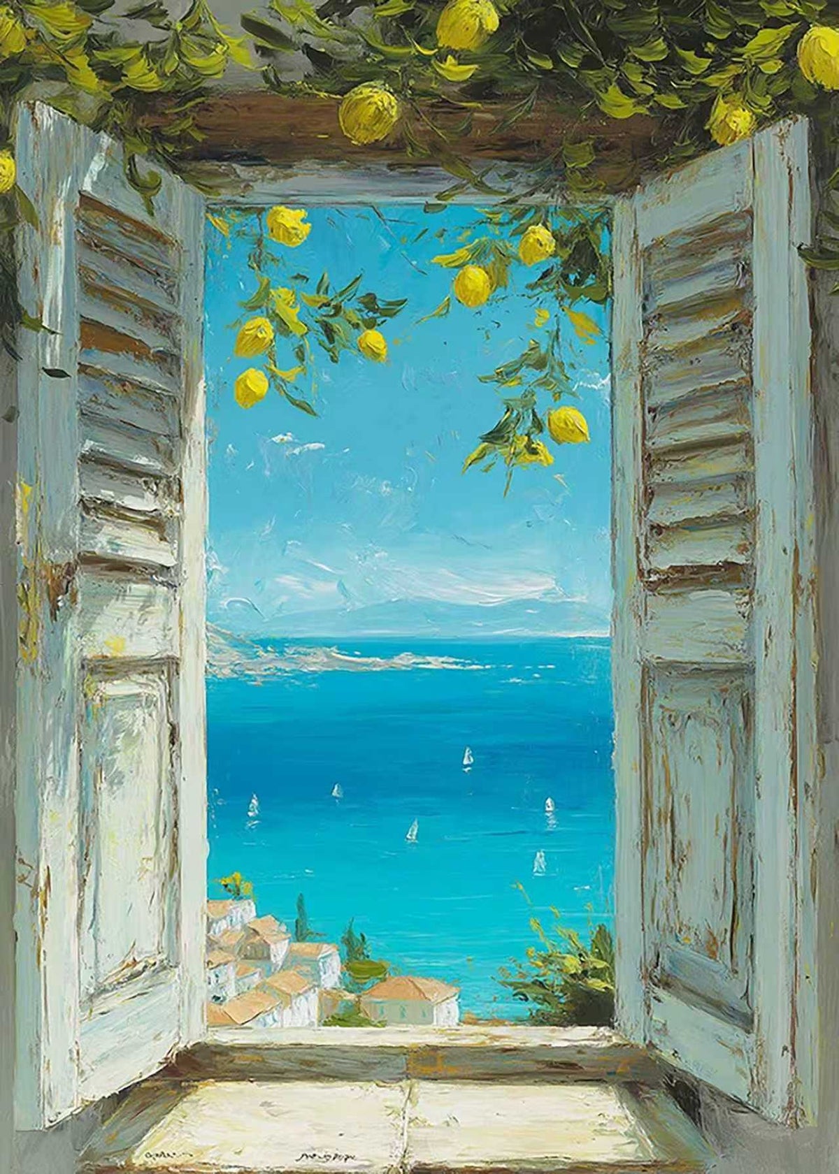 Weathered white shutters opening onto a turquoise bay, sailboats and a lemon branch above