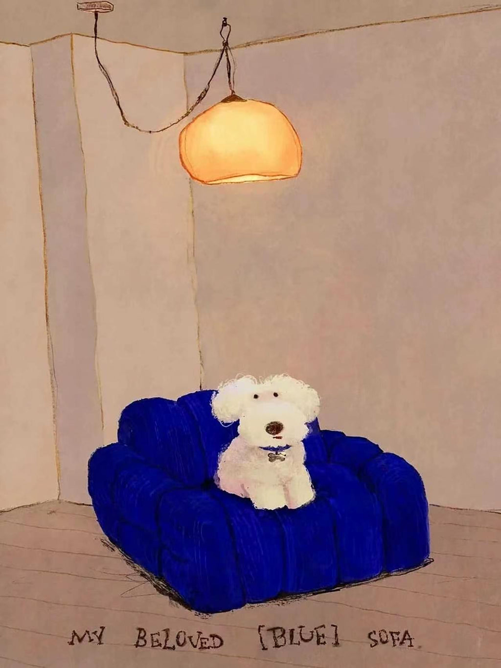 A fluffy white dog sitting proudly on a deep blue sofa under a glowing orange lamp