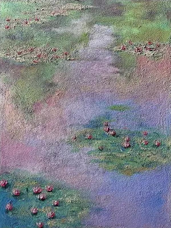 Pink water lilies and green pads dissolving into a soft haze of lilac, rose and sage