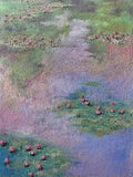 Pink water lilies and green pads dissolving into a soft haze of lilac, rose and sage