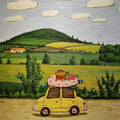 A little yellow car with luggage and a dotted float on the roof, driving past green fields and a hill