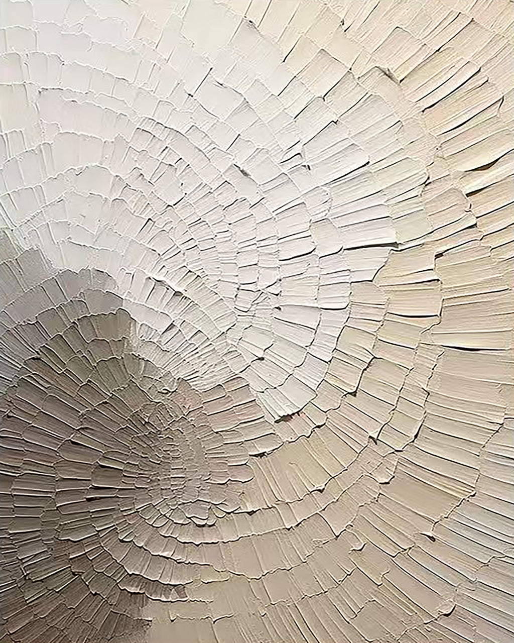 Radiating ivory and taupe palette-knife strokes like a fanned shell