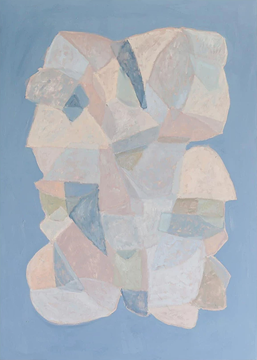 Two clusters of soft pastel angular shapes on a dusty blue ground