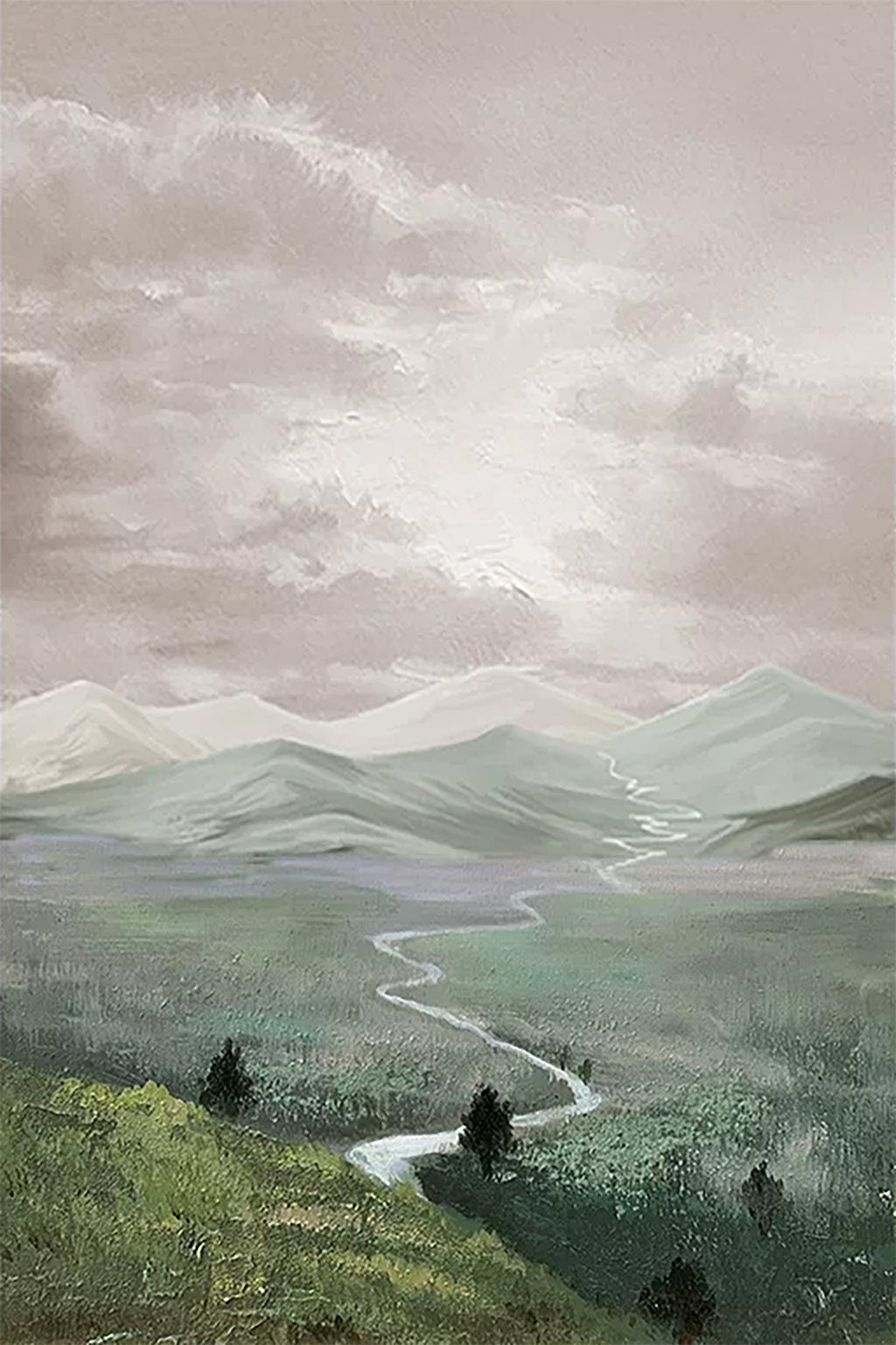 A winding river through green misty valleys under grey clouds