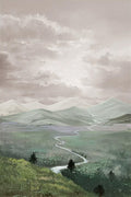 A winding river through green misty valleys under grey clouds