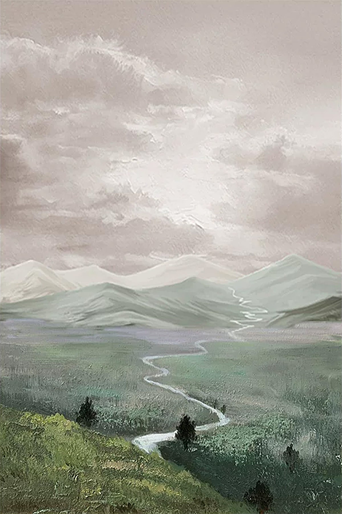 A winding river through green misty valleys under grey clouds