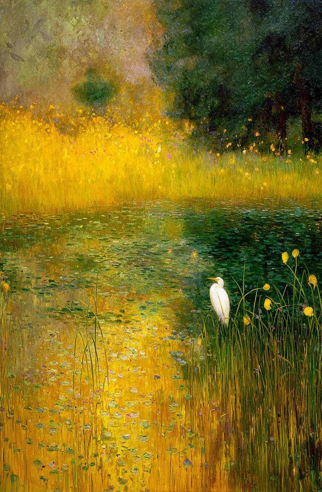 A white egret among golden marsh grasses beside dark woods