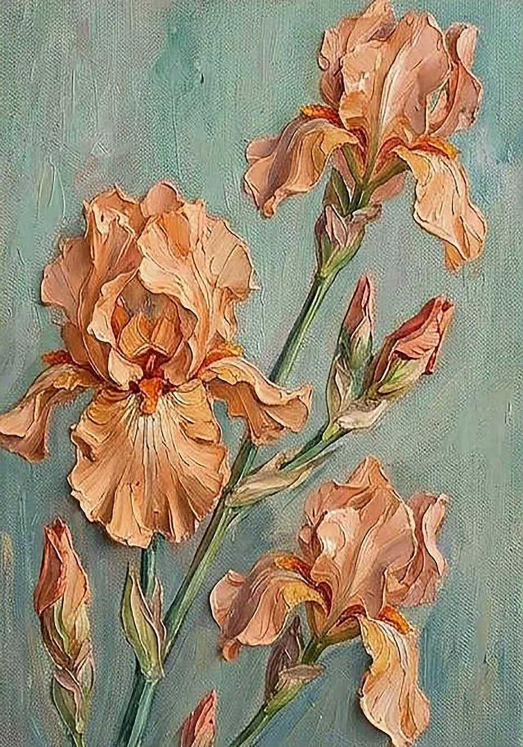 Ruffled apricot irises on tall stems against muted teal