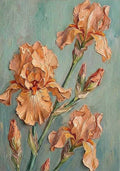 Ruffled apricot irises on tall stems against muted teal