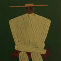 A seated man in a wide flat hat and pale ribbed suit, arms folded, on a deep green ground